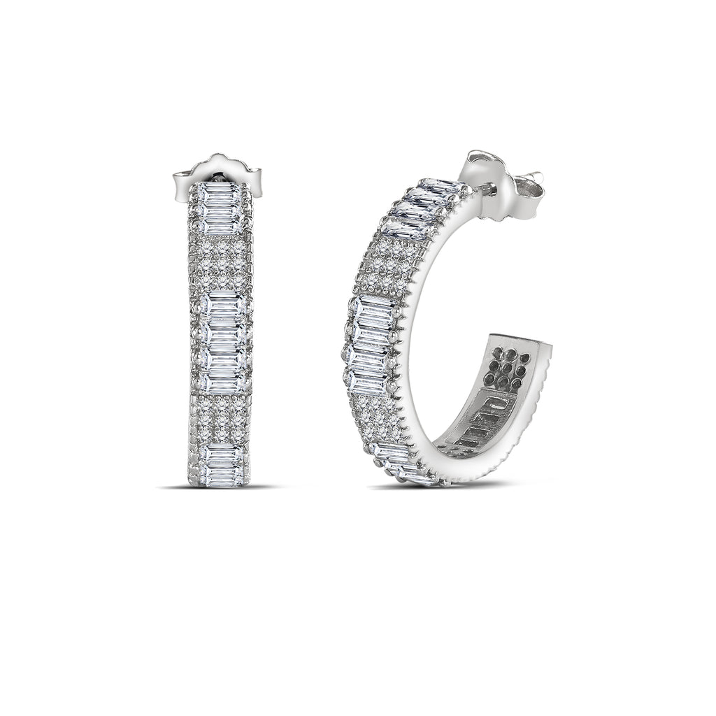 Unique 7.25 Carat Baguette and Round Cut Open Hoop Earrings in 18K White Gold over Silver, Female