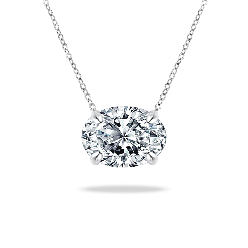 Stunning 1 TCW East West Oval Cut Moissanite - Four Prongs - Solitaire Slider Pendant Necklace in 18K White Gold over Silver