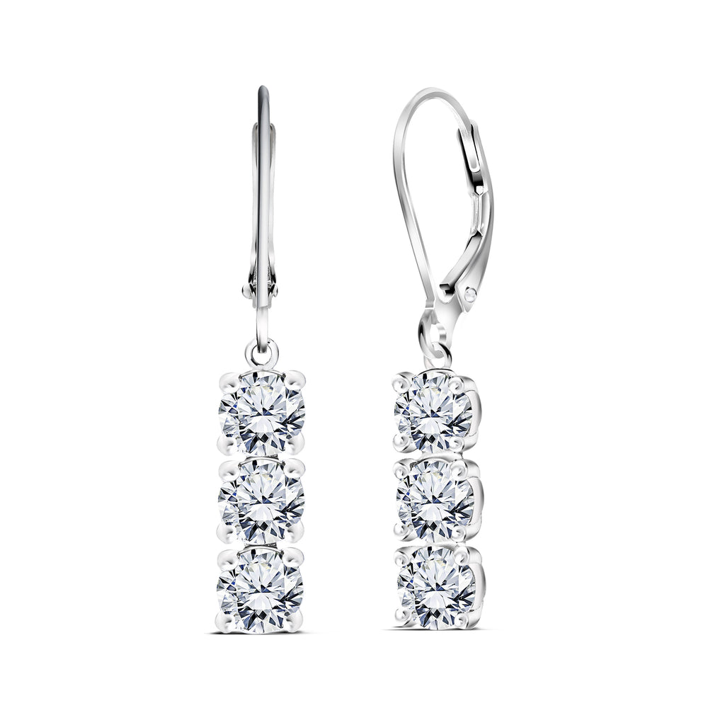 1 Carat Round Cut Moissanite Three Stone Drop Leverback Earrings in 18k White Gold over Silver