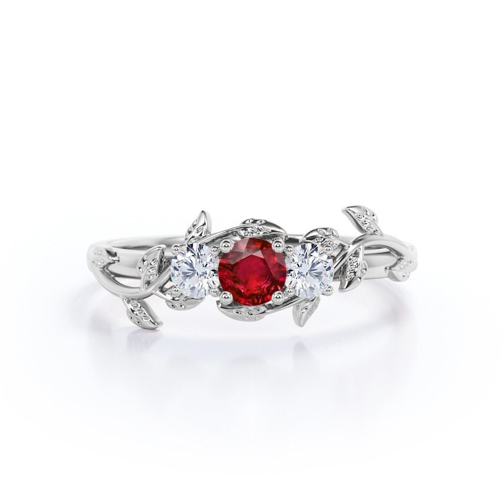 Floral Three stone 0.7 carat Round cut Lab-Created Ruby and Diamond Engagement Ring in White Gold