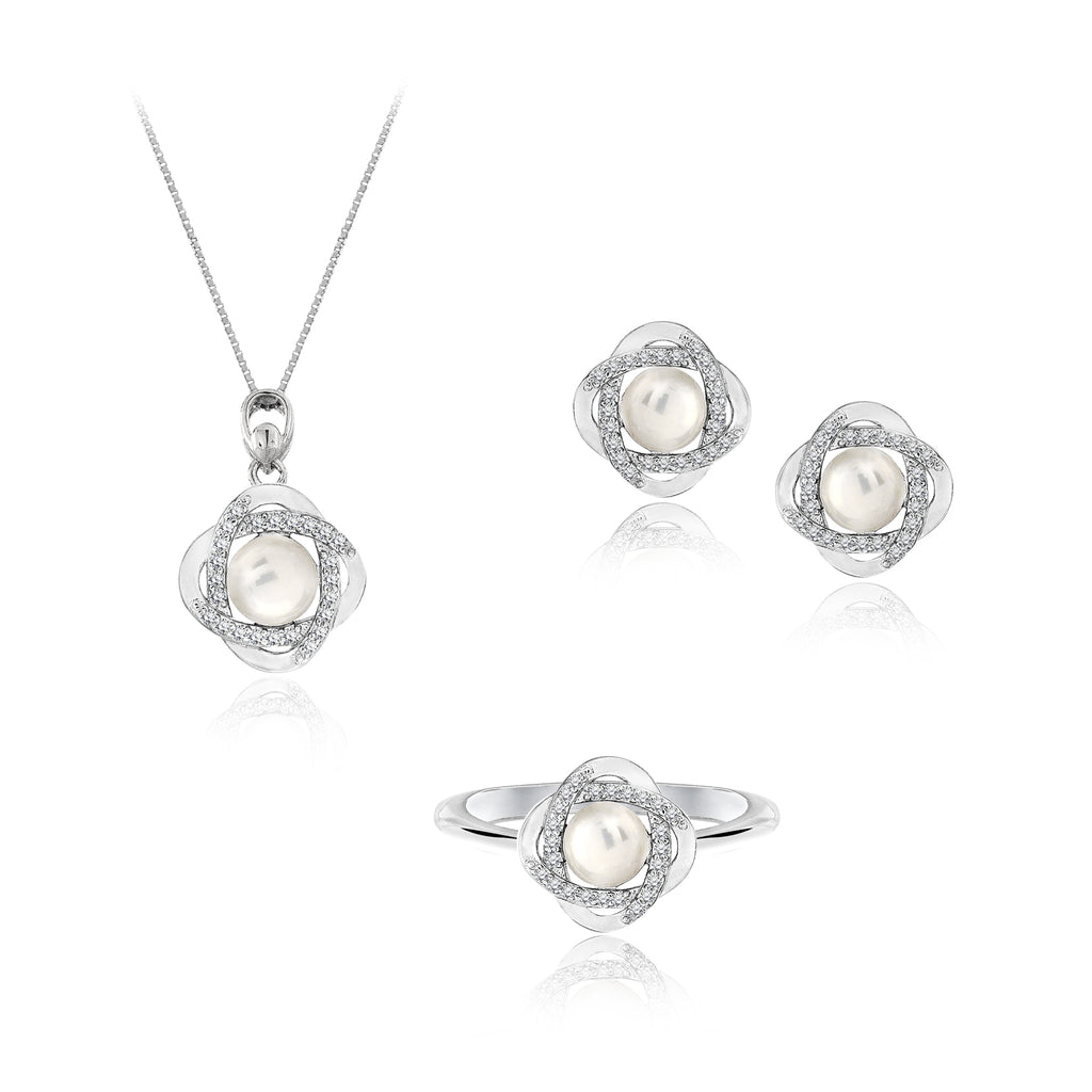Modern Twirling Flower and Pearl 3 piece Jewelry Set of Natural Pearl Pendant, Ring, and Stud Earrings in Silver