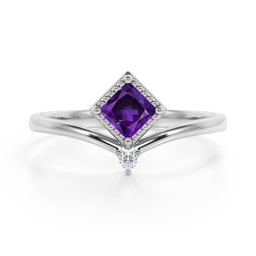 Geometric 1.05 Carat Princess Cut Amethyst and 2 Stone Diamond Contour Engagement Ring in White Gold