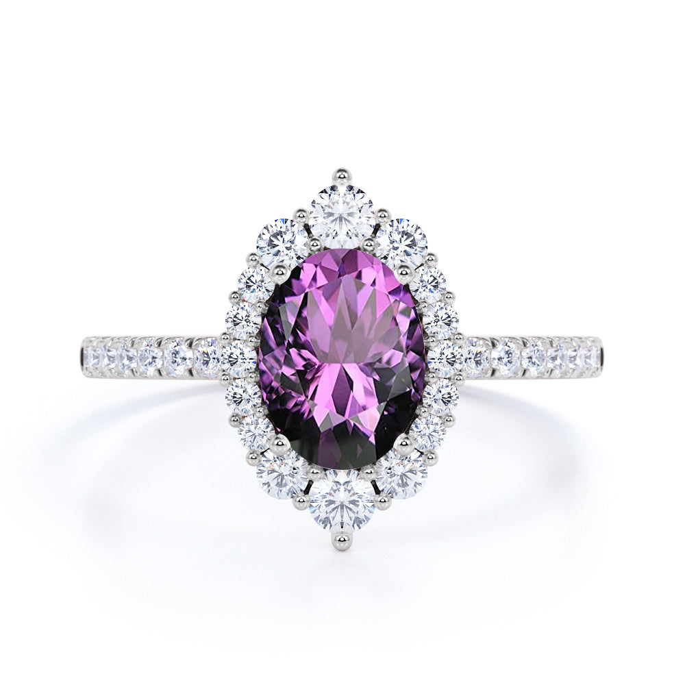 Huge 2.50 Carat Oval Deep Russian Amethyst and Diamond Clustered Engagement Ring in White Gold