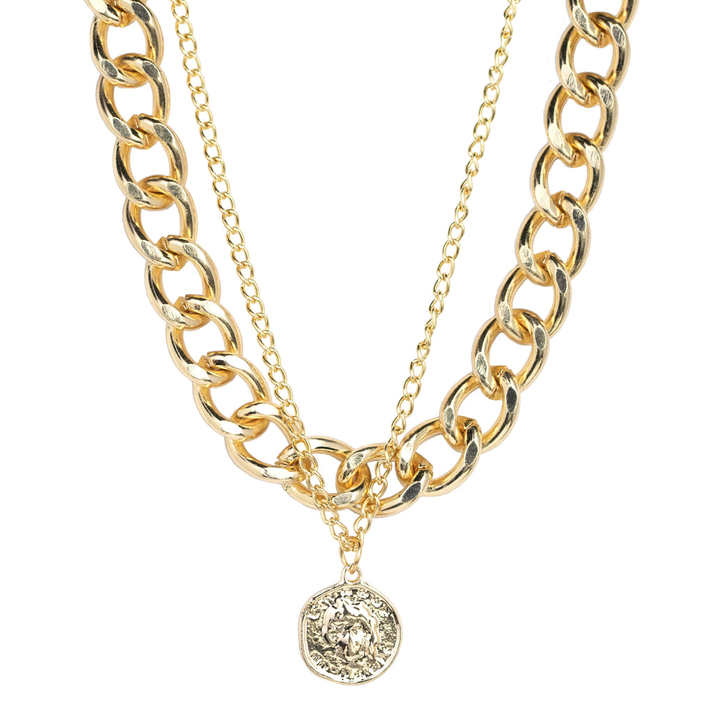 Chunky Curb Chain Necklace - Tiny Curb Chain Necklace - 18K Yellow Gold Plating over Silver - Golden Coin Necklace Set