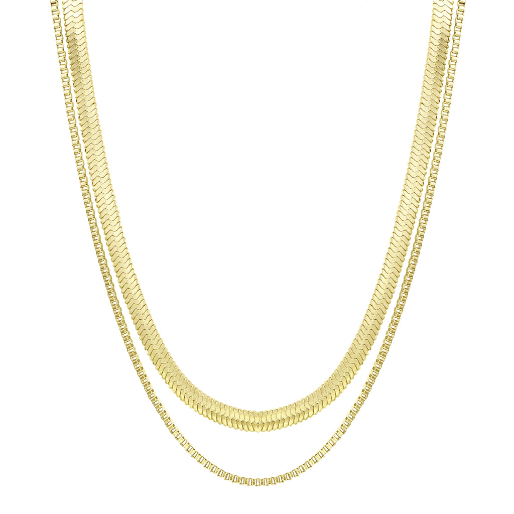 Think Herringbone Snake Chain Necklace - Box Chain Necklace - 18K Yellow Gold Plating over Silver - Double-Layered Necklace Set