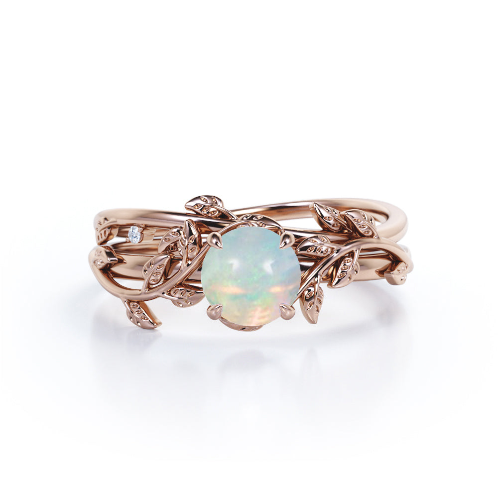 Modern Art Deco 1 carat Round Brilliant Cut Fire Opal and Diamond Leaf Bridal Ring Set in Rose Gold