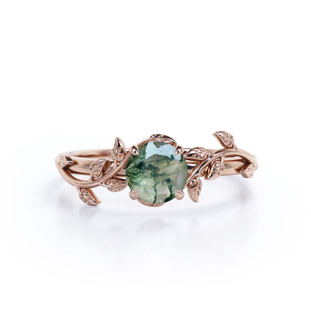 Nature Inspired 1 Carat Natural Green Moss Agate Solitaire Engagement Ring - Forest Ring - 18K Rose Gold Over Silver