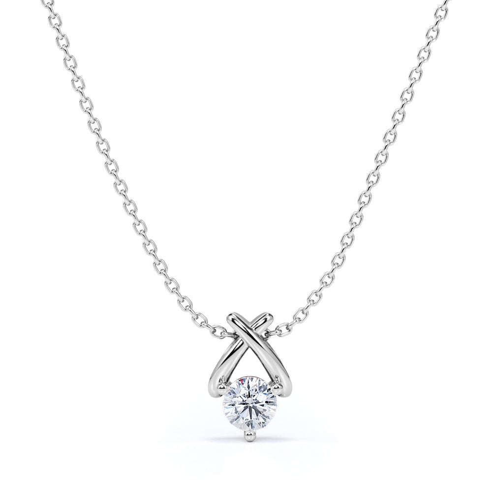 Solitaire 0.33 Carat Round Cut Diamond Criss Cross Pendant Necklace In White Gold