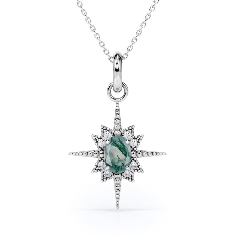 Vintage North Star pendant with 1.10 carat Oval Green Moss Agate and Moissanite Necklace in White Gold