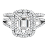 JeenMata 2.75 Carat Emerald Cut Moissanite Double Halo Split Shank Engagement Ring Set in 18K White Gold Plated for Women