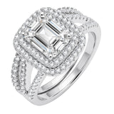 JeenMata 2.75 Carat Emerald Cut Moissanite Double Halo Split Shank Engagement Ring Set in 18K White Gold Plated for Women