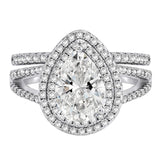 JeenMata 2.75 Carat Pear Cut Moissanite Double Halo Split Shank Engagement Ring Set in 18K White Gold Plated for Women