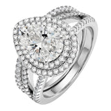 JeenMata 2.75 Carat Pear Cut Moissanite Double Halo Split Shank Engagement Ring Set in 18K White Gold Plated for Women