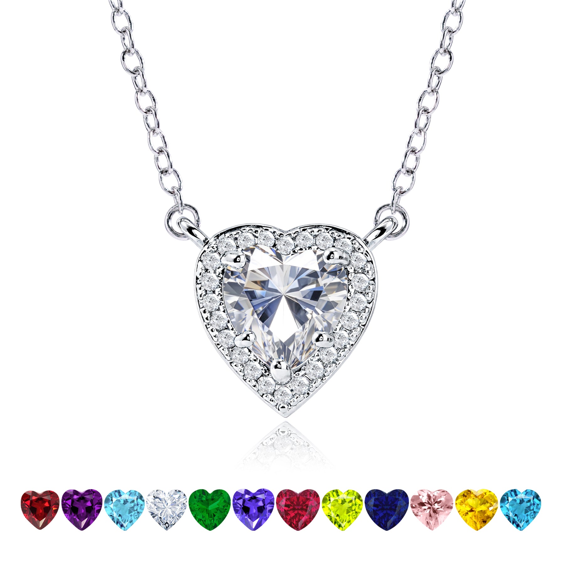 2 Carat Heart Shape Cubic Zirconia Birthstones Halo Necklace
