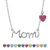 JeenMata Mom Pendant - Ruby July Birthstone Decorated Heart Charm Pendant Necklace in 18K White Gold Plating, Mother's Day, Gift for MOM