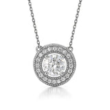 1 Carat Round Halo Moissanite Pendant Necklace - Vintage Inspired Pendant in 18K White Gold Plating for Women