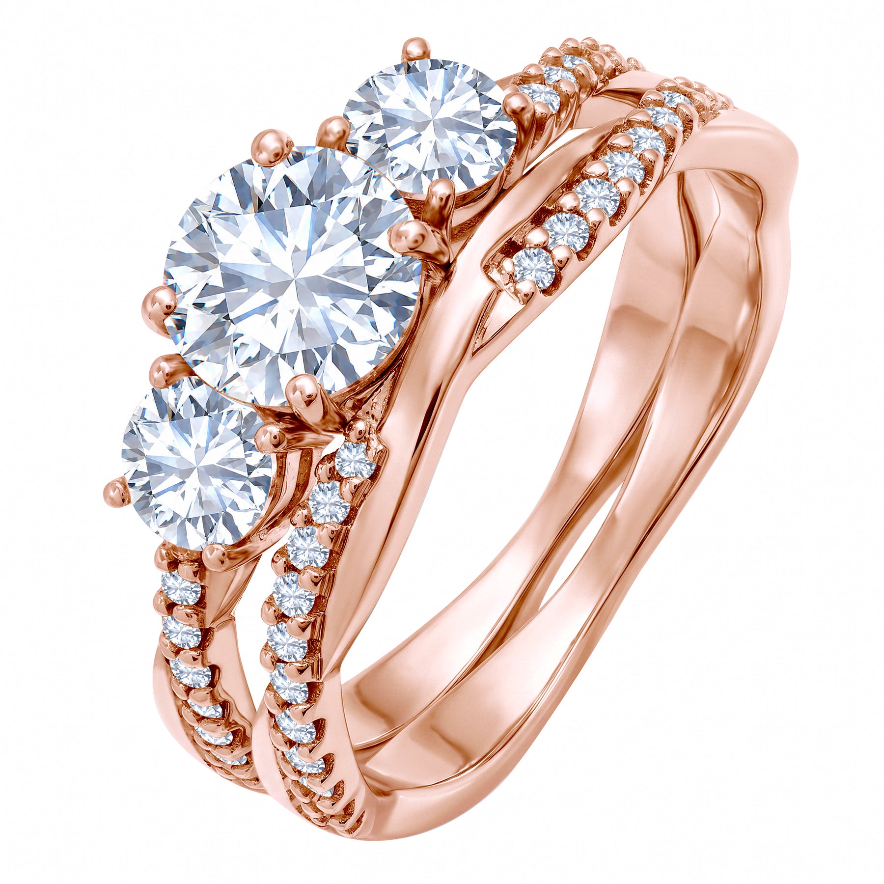2 Ct Round Lab Diamond  Twist Three Stone Bridal Set