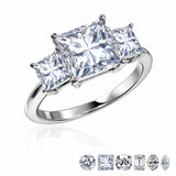 3.75 Carat Three Stone Princess Cut Moissanite Engagement Ring - Classic Statement Ring in 18K White Gold Plating for Women