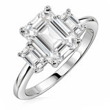 JeenMata 3.25 Carat Emerald Cut Moissanite Rings - Three Stone Engagement Rings in 18K White Gold Plating for Women