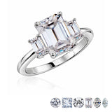 3.25 Carat Three Stone Emerald Cut Moissanite Engagement Ring - Elegant Statement Ring in 18K White Gold Plating for Women