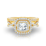 1.25 ct - Square Moissanite - Double Halo - Twisted Band - Vintage Inspired - Pave - Wedding Ring Set in 10K Yellow Gold