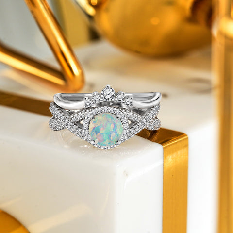 Twisted 1.50 Ct Round Cut Lab Created Opal Wedding Ring Set