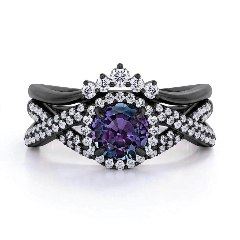 Crown 2 Ct Round Lab Alexandrite Infinity Bridal Set