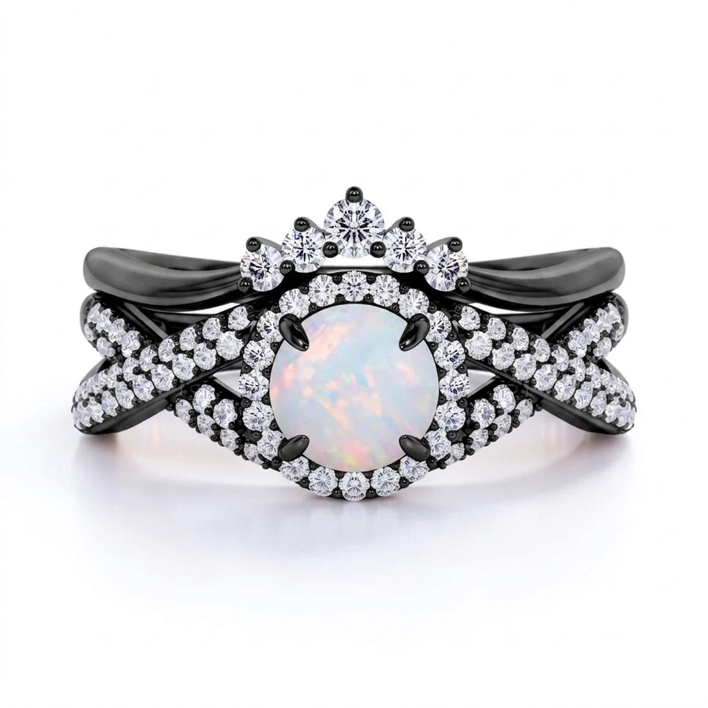 Twisted 1.50 Ct Round Cut Lab Opal Wedding Ring Set