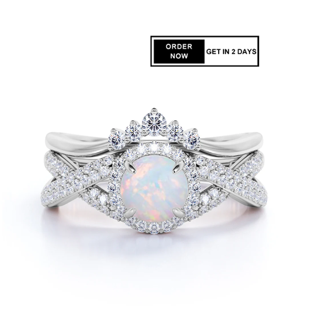 1.5 Ct Round Lab Opal Twisted Crown Bridal Set