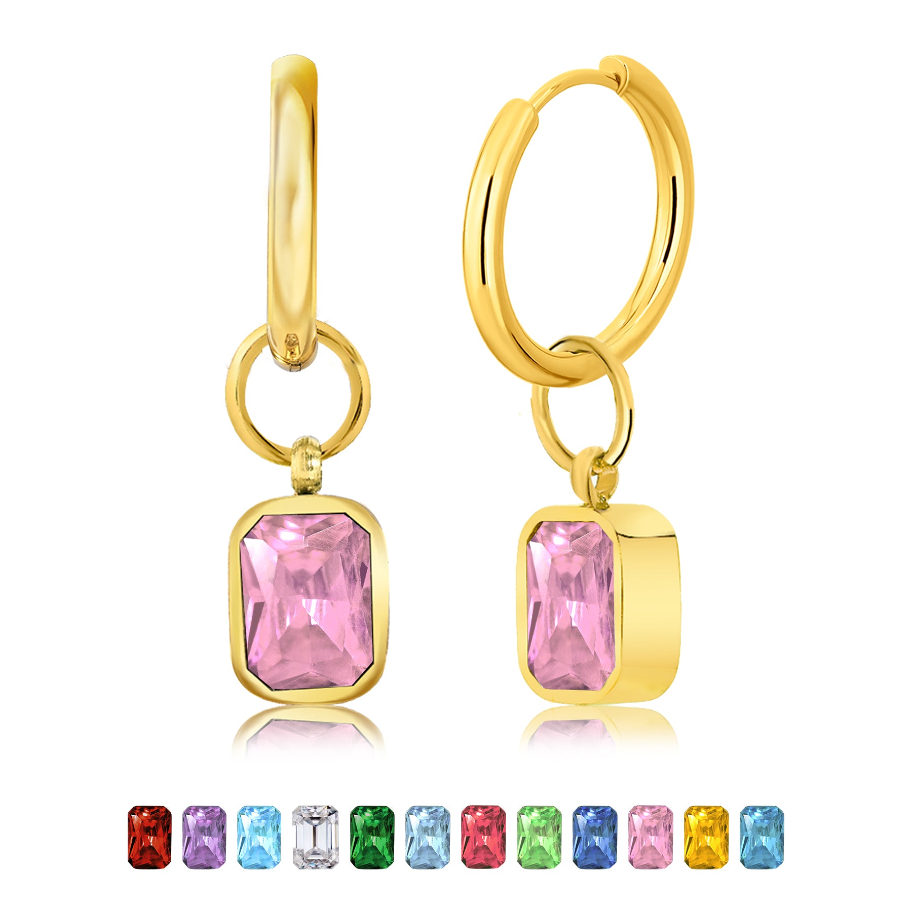 2 Carat Emerald Cut Birthstone Bezel Huggie Hoop Earrings