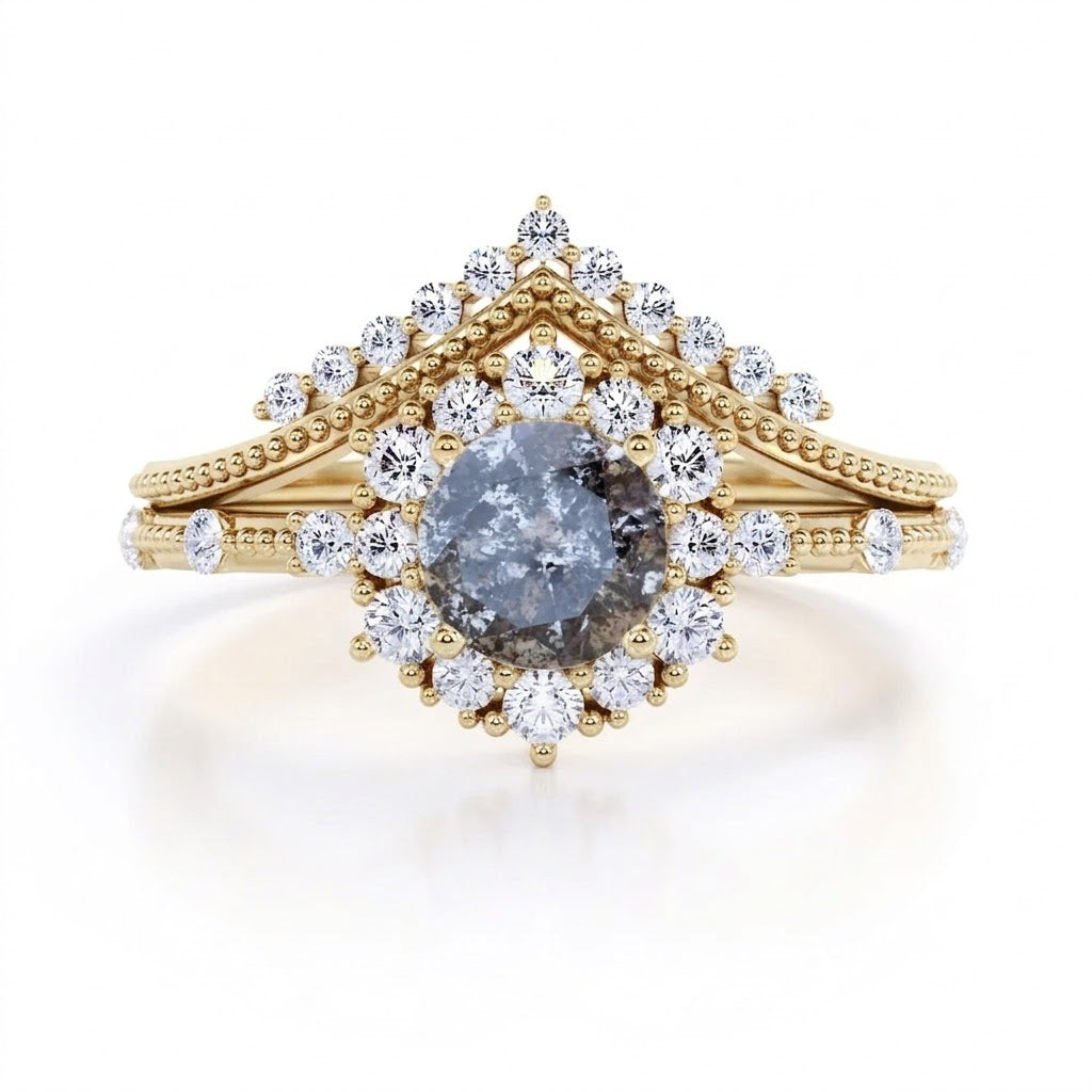 Vintage 1 Ct Round Cut Salt and Pepper Diamond Bridal Set