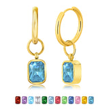 2 Carat Emerald Cut - Blue Topaz - December Birthstone Bezel Huggie Hoop Earrings - 18K Yellow Gold Plating