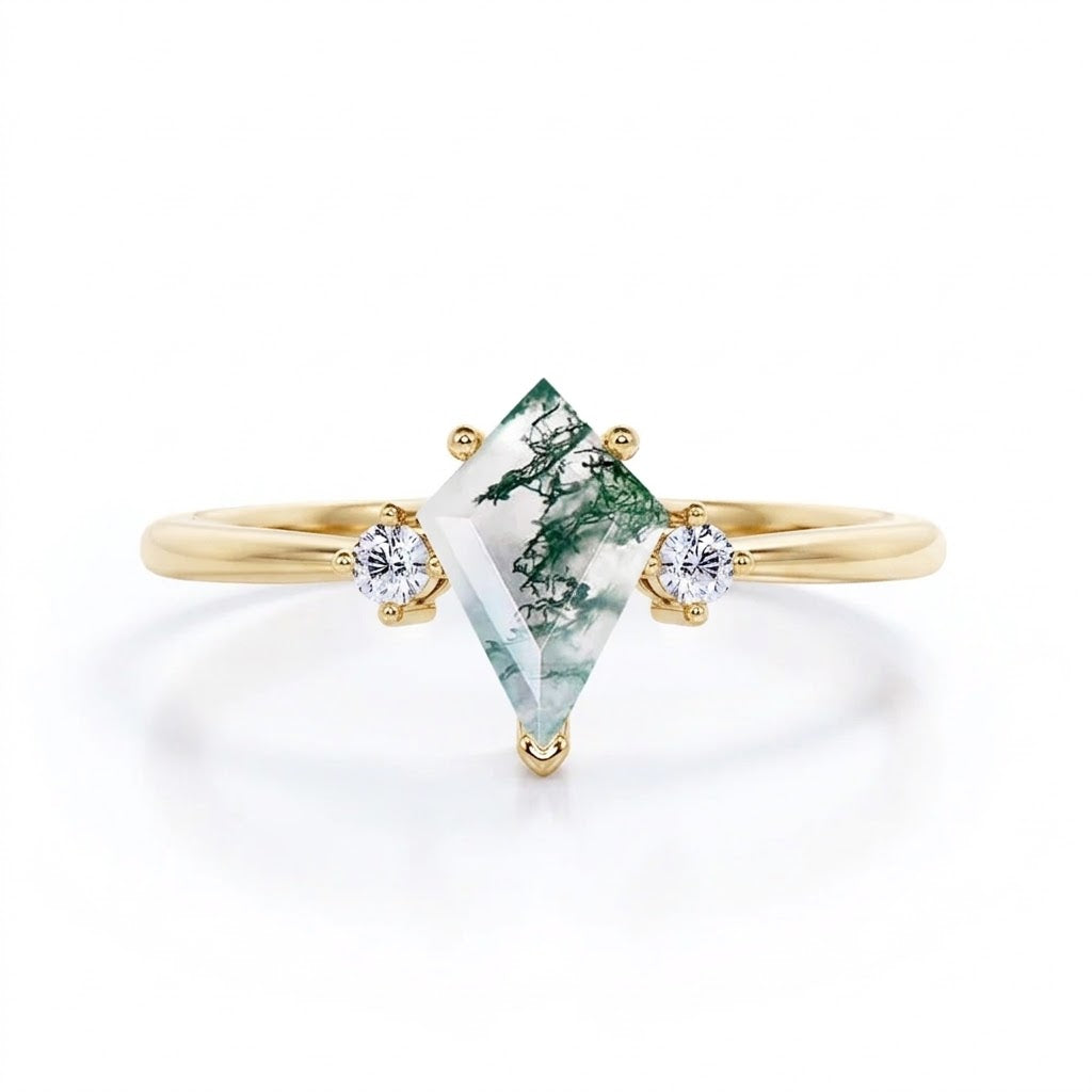 Three Stone 1 Carat Kite Moss Agate Engagement Ring
