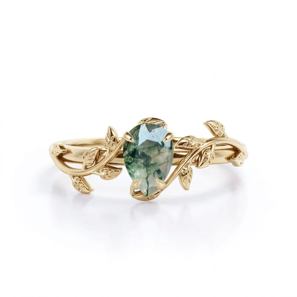Floral 1 Carat Pear Cut Green Moss Agate Engagement Ring
