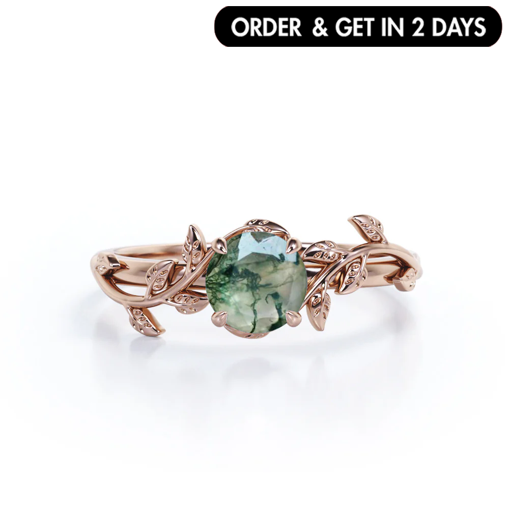 1 Ct Round Green Moss Agate Vine Engagement Ring