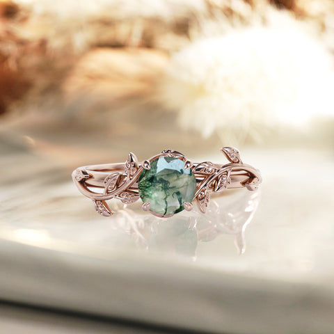 Nature Inspired 1 Ct Round Cut Green Moss Agate Engagement Ring
