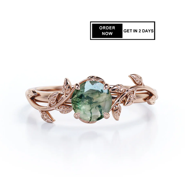 1 Ct Round Green Moss Agate Vine Engagement Ring