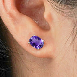 2.5 Carat Oval Cut - Amethyst - February Birthstone Solitaire Stud Earrings - 4 Prong - In 18K White Gold Plating Over Silver