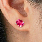 2.5 Carat Oval Cut - Ruby - July Birthstone Solitaire Stud Earrings - 4 Prong - In 18K White Gold Plating Over Silver