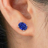 2.5 Carat Oval Cut - Blue Sapphire - September Birthstone Solitaire Stud Earrings - 4 Prong - In 18K White Gold Plating Over Silver