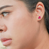 2.5 Carat Oval Cut - Ruby - July Birthstone Solitaire Stud Earrings - 4 Prong - In 18K White Gold Plating Over Silver