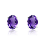 2.5 Carat Oval Cut - Amethyst - February Birthstone Solitaire Stud Earrings - 4 Prong - In 18K White Gold Plating Over Silver