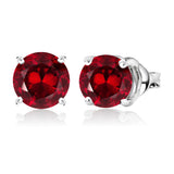 1 Carat Round Shaped - Garnet - January Birthstone Solitaire Stud Earrings in 18K White Gold Plating Over Silver