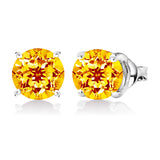 1 Carat Round Shaped - Citrine - November Birthstone Solitaire Stud Earrings in 18K White Gold Plating Over Silver
