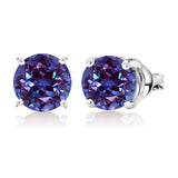 1 Carat Round Shaped - Alexandrite - June Birthstone Solitaire Stud Earrings in 18K White Gold Plating Over Silver