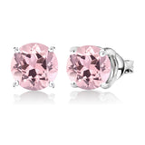 1 Carat Round Shaped - Pink Tourmaline - October Birthstone Solitaire Stud Earrings in 18K White Gold Plating Over Silver