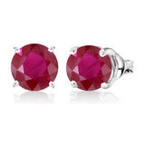 1 Carat Round Shaped - Ruby - July Birthstone Solitaire Stud Earrings in 18K White Gold Plating Over Silver