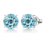 1 Carat Round Shaped - Blue Topaz - December Birthstone Solitaire Stud Earrings in 18K White Gold Plating Over Silver