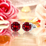 1 Carat Round Shaped - Garnet - January Birthstone Solitaire Stud Earrings in 18K White Gold Plating Over Silver