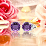1 Carat Round Shaped - Amethyst - February Birthstone Solitaire Stud Earrings in 18K White Gold Plating Over Silver